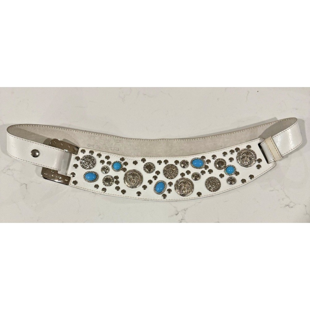 Rare Vintage White Leather Turquoise & Medallion Belt Womens OSFM Southwest